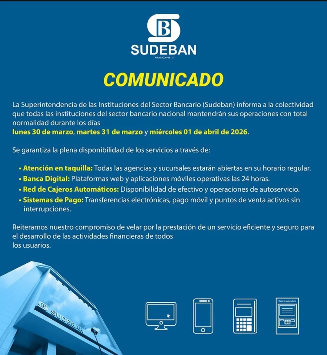Sudeban garantiza plena operatividad bancaria los días 30, 31 de marzo y 1 de abril