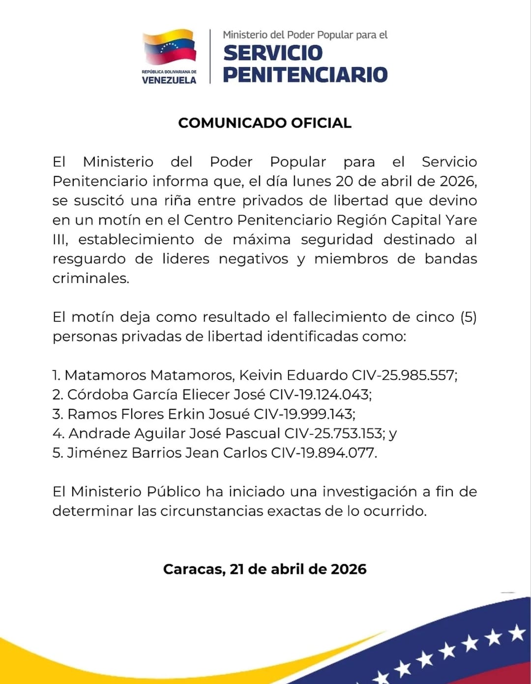 Ministerio para el Servicio Penitenciario, confirmó el fallecimiento de cinco privados de libertad en  Yare III.