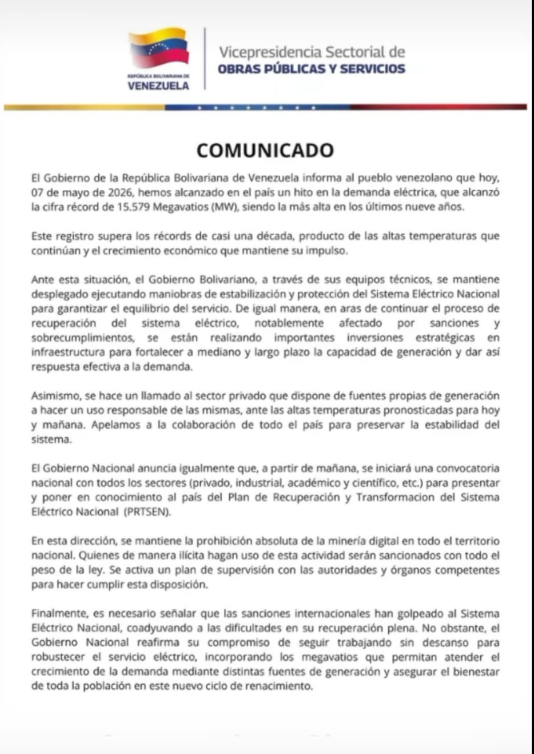 Gobierno nacional asegura que Venezuela alcanzó cifra récord en la demanda eléctrica