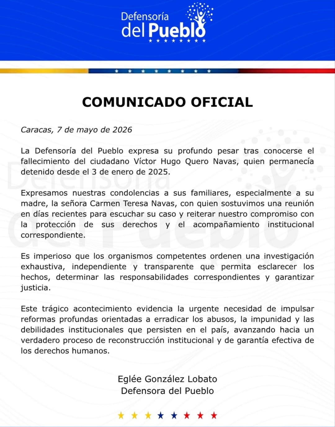 Defensoría del Pueblo se pronunció tras anuncio del fallecimiento de Víctor Hugo Quero Navas