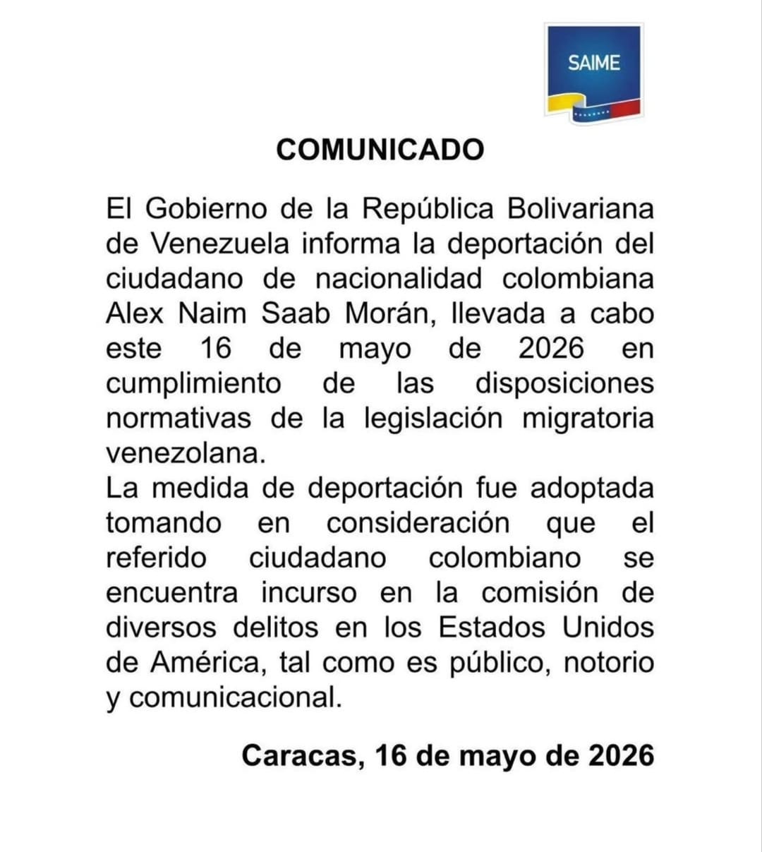 El Gobierno Nacional informa la deportación de Alex Saab