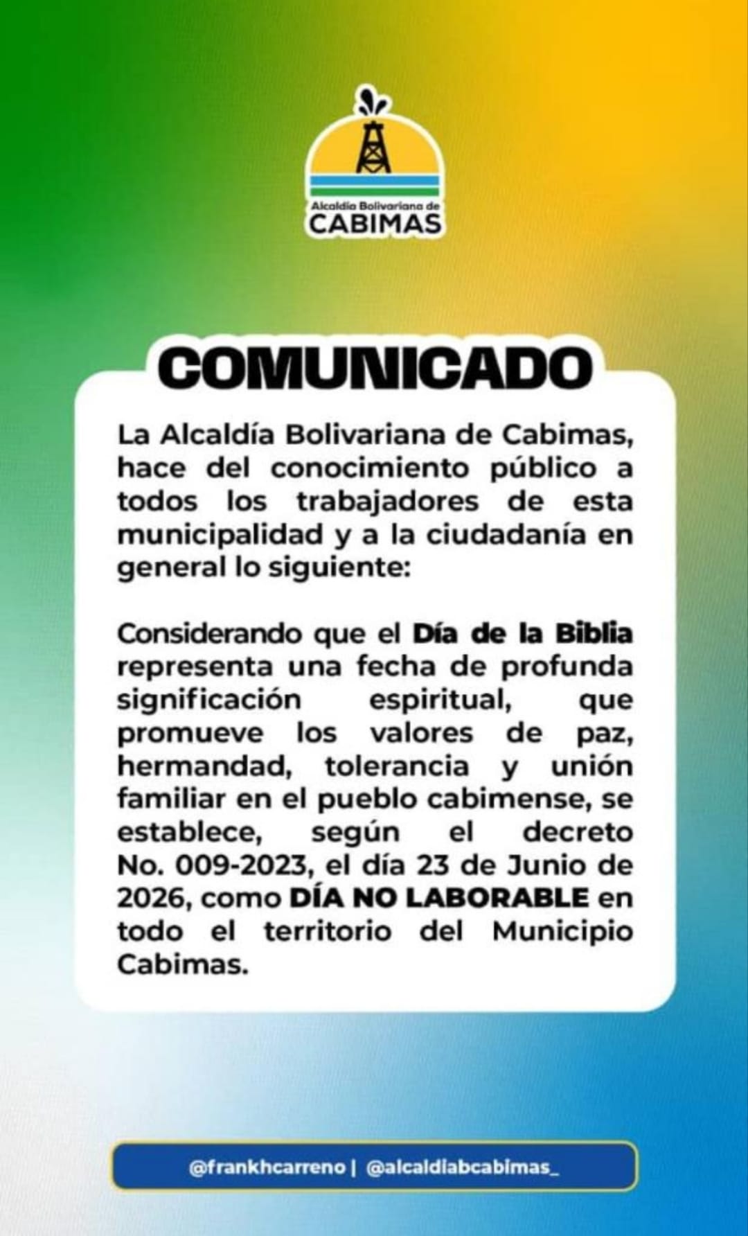 Alcaldía de Cabimas declara el 23 de junio como día no laborable por el Día de la Biblia