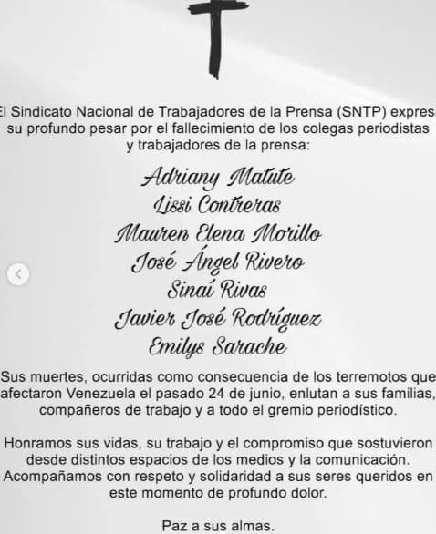 SNTP lamenta la muerte de trabajadores de la prensa y medios de comunicación en los Terremotos del 24J