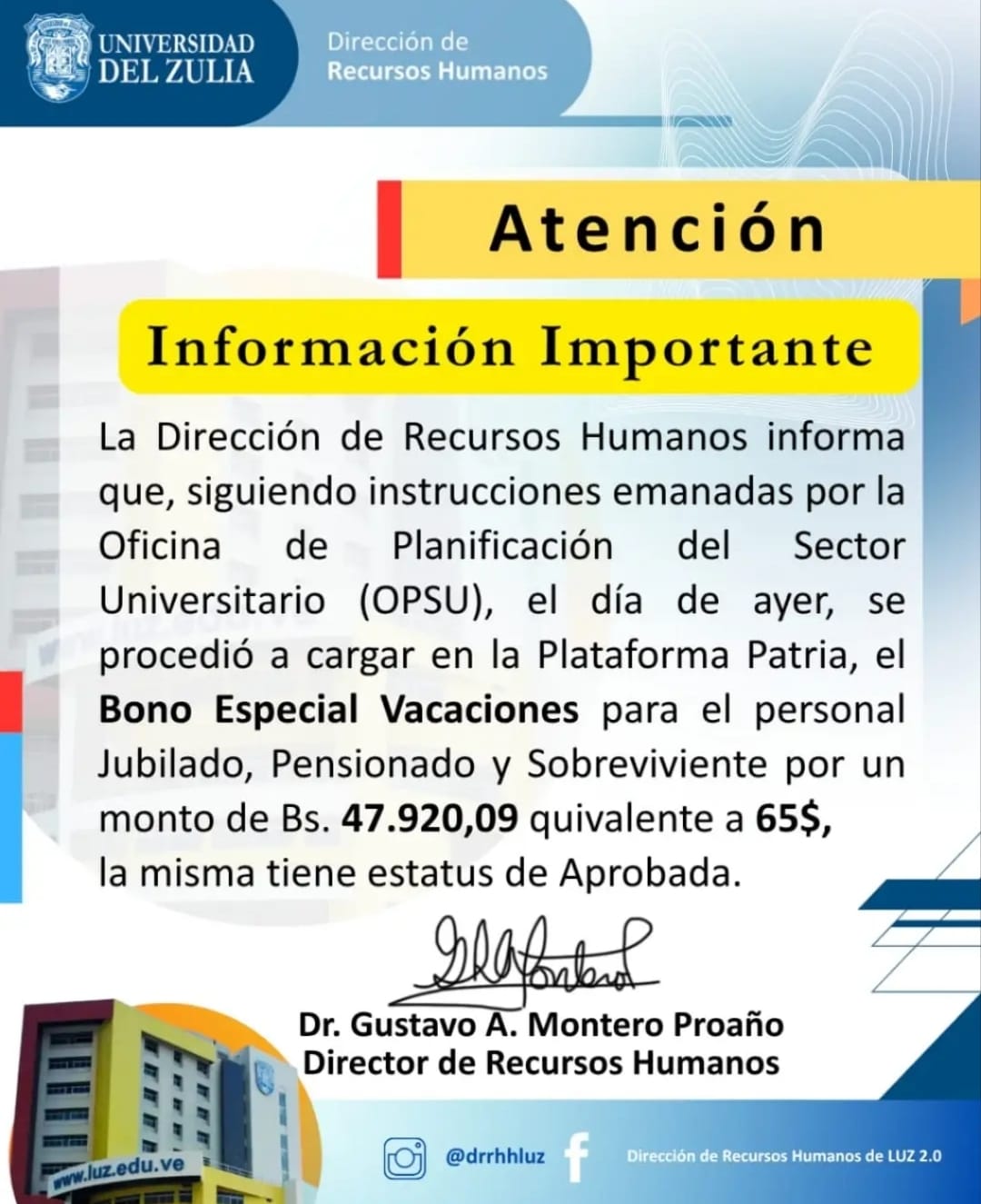 La Universidad del Zulia procesa el pago del «Bono Especial Vacaciones» por un monto de 65$