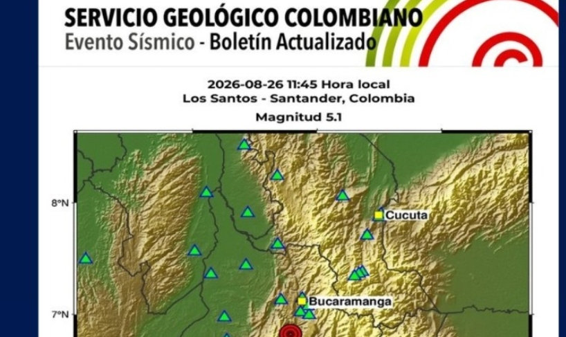 Servicio Geológico Colombiano reporta sismo de magnitud 5.1 este 26 de agosto