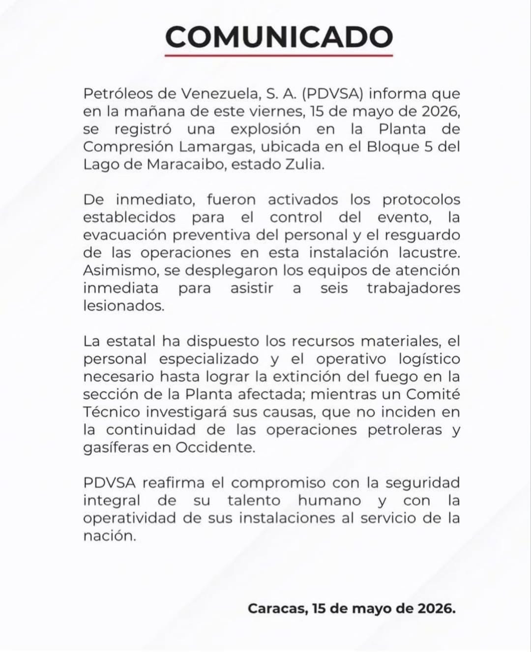 En comunicado PDVSA confirma seis trabajadores heridos en la explosión en Lamargas