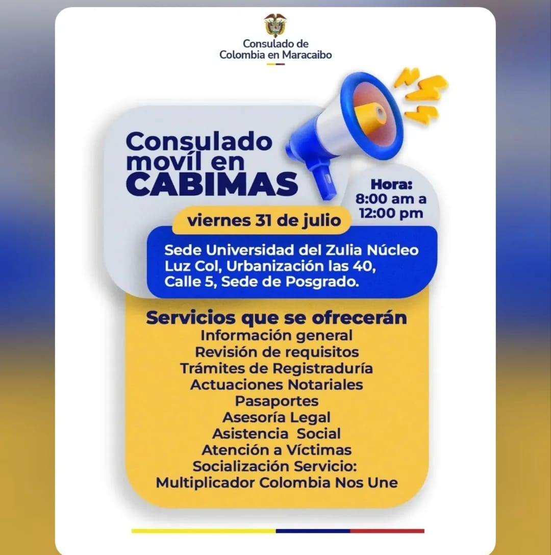 Consulado de Colombia en Maracaibo realizará jornada Móvil en Cabimas