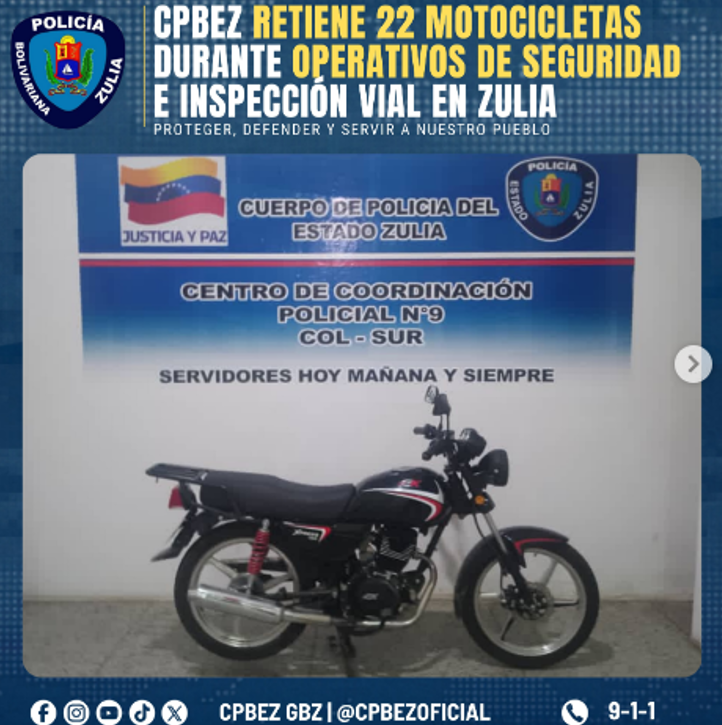 Cpbez retiene 22 motocicletas durante operativos de seguridad e inspección vial en Zulia