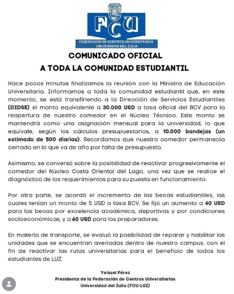 FCU-LUZ anuncia asignación de $30.000 mensuales para la reapertura del comedor y aumento del monto de becas estudiantiles