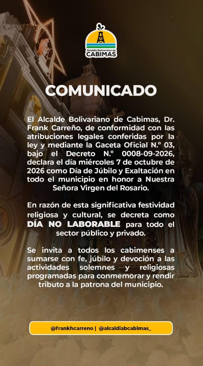 Decretan 7 de octubre no laborable en Cabimas. Día de la Virgen del Rosario