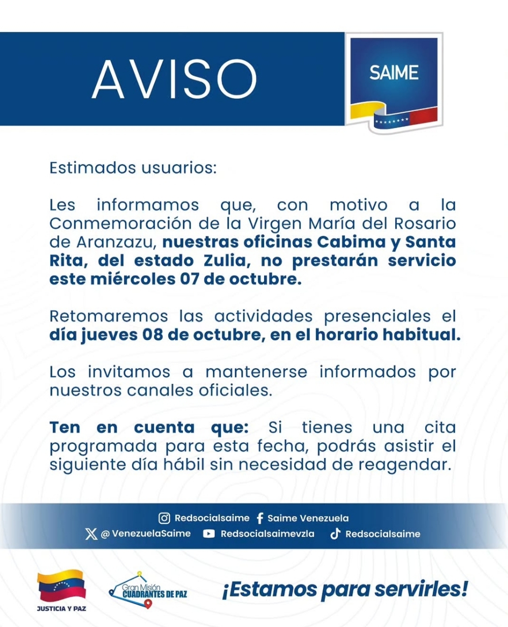 Saime NO prestará servicio este 7 de octubre en Cabimas y Santa Rita